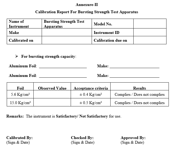 SOP for Operation and Calibration of Bursting Strength Test Apparatus