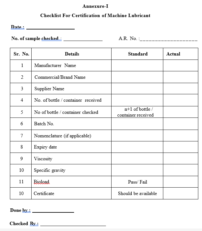 Procedure For Usage And Control Of Machine Lubricants