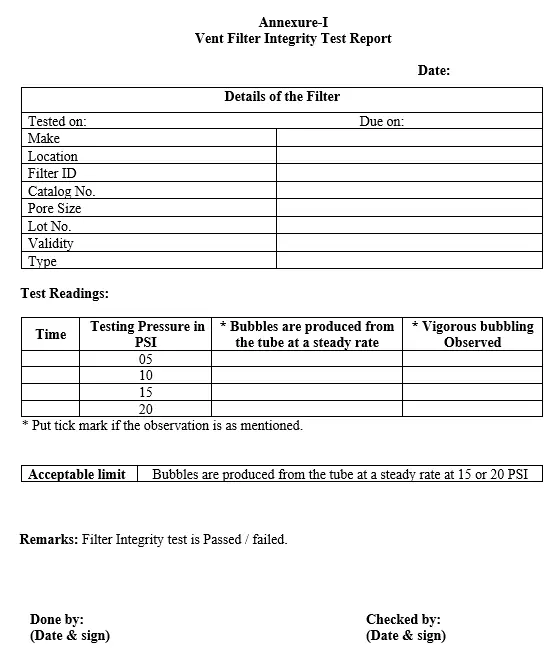 Procedure for integrity testing of vent filter