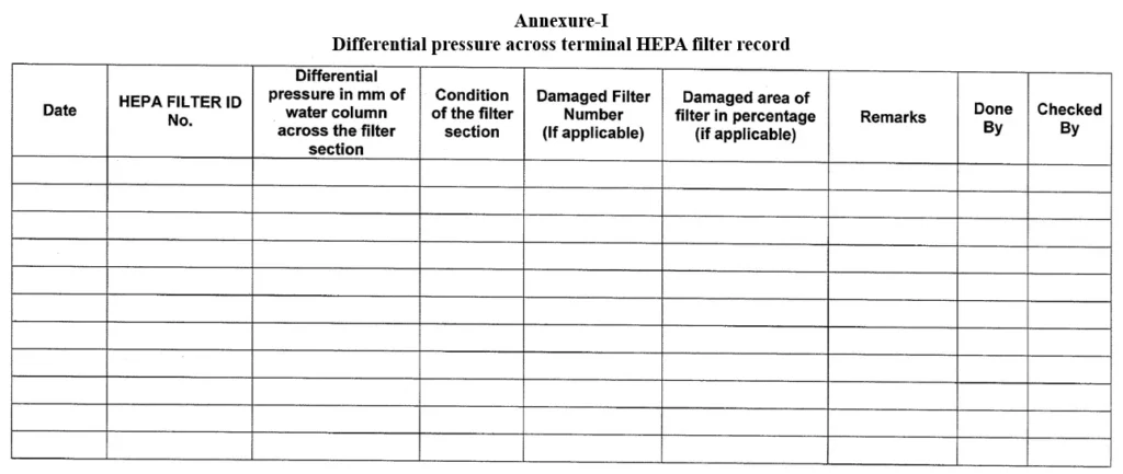 Procedure for differential pressure measurement across HEPA filter