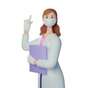 3d render character doctor. Attention. Doctor of medicine woman wearing mask, gloves points up with her finger. medical clip art isolated on white background. 3d illustration