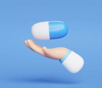 Hand holds Medicine capsules icon sign or symbol on blue background 3d illustration cartoon healthcare and medical concept